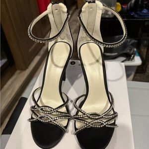 Crystal-Strap Black Evening Sandals - Women